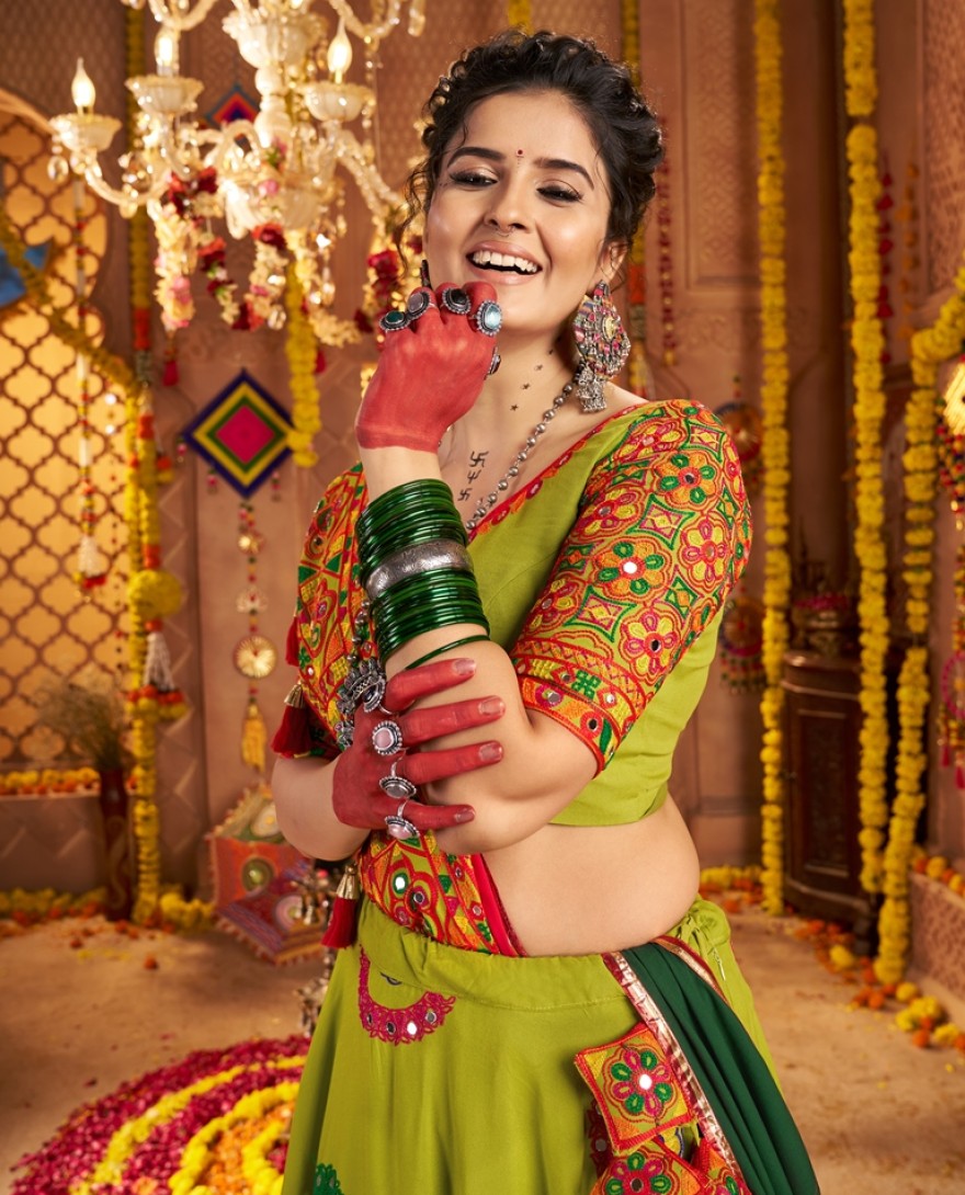 11011 - Elegant Green Viscose Cotton Embroidered Navratri Wear Lehenga Choli